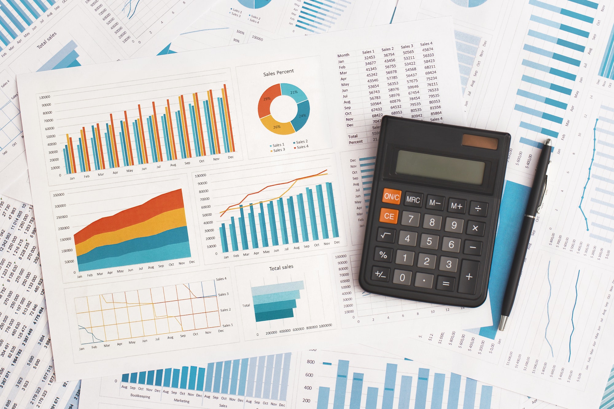 Business graphs, charts and calculator on table. Financial development