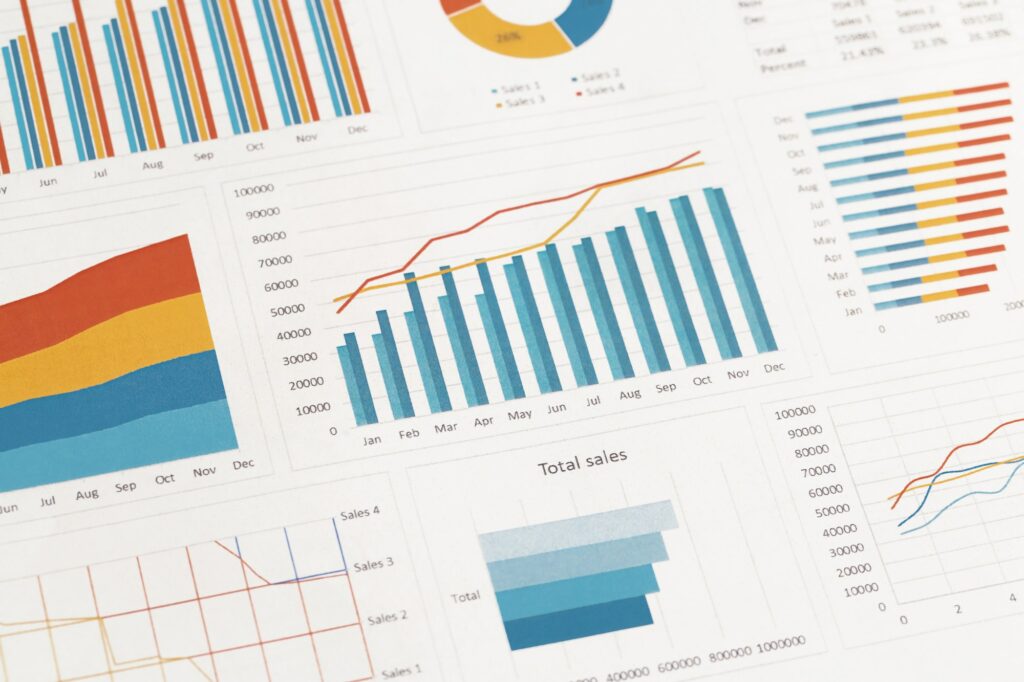 Business graphs, charts and magnifying glass on table. Financial development